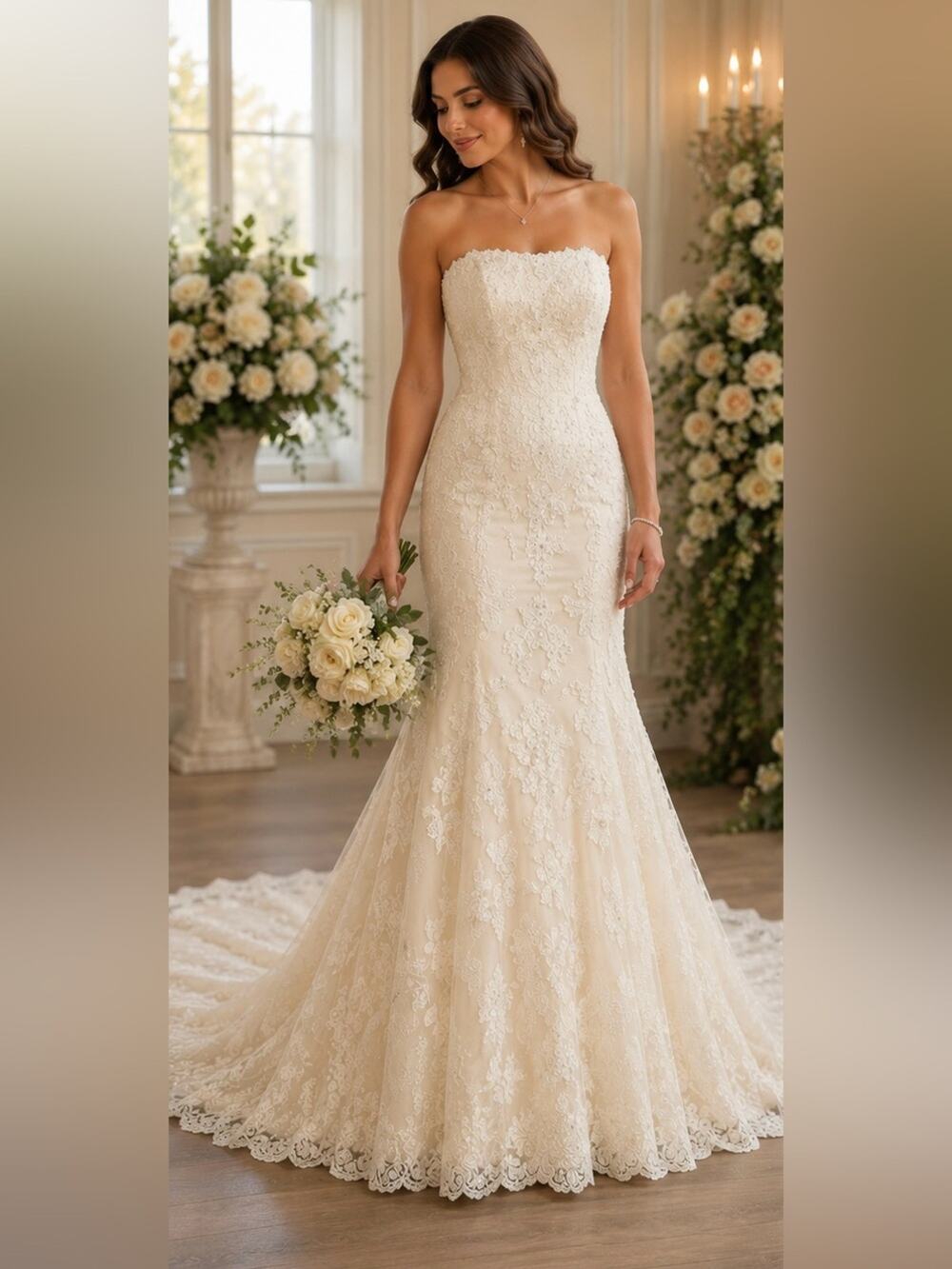 Demetrios Hand Beaded Lace Appliqué Wedding Gown Ivory Sz 12 Cathedral Train